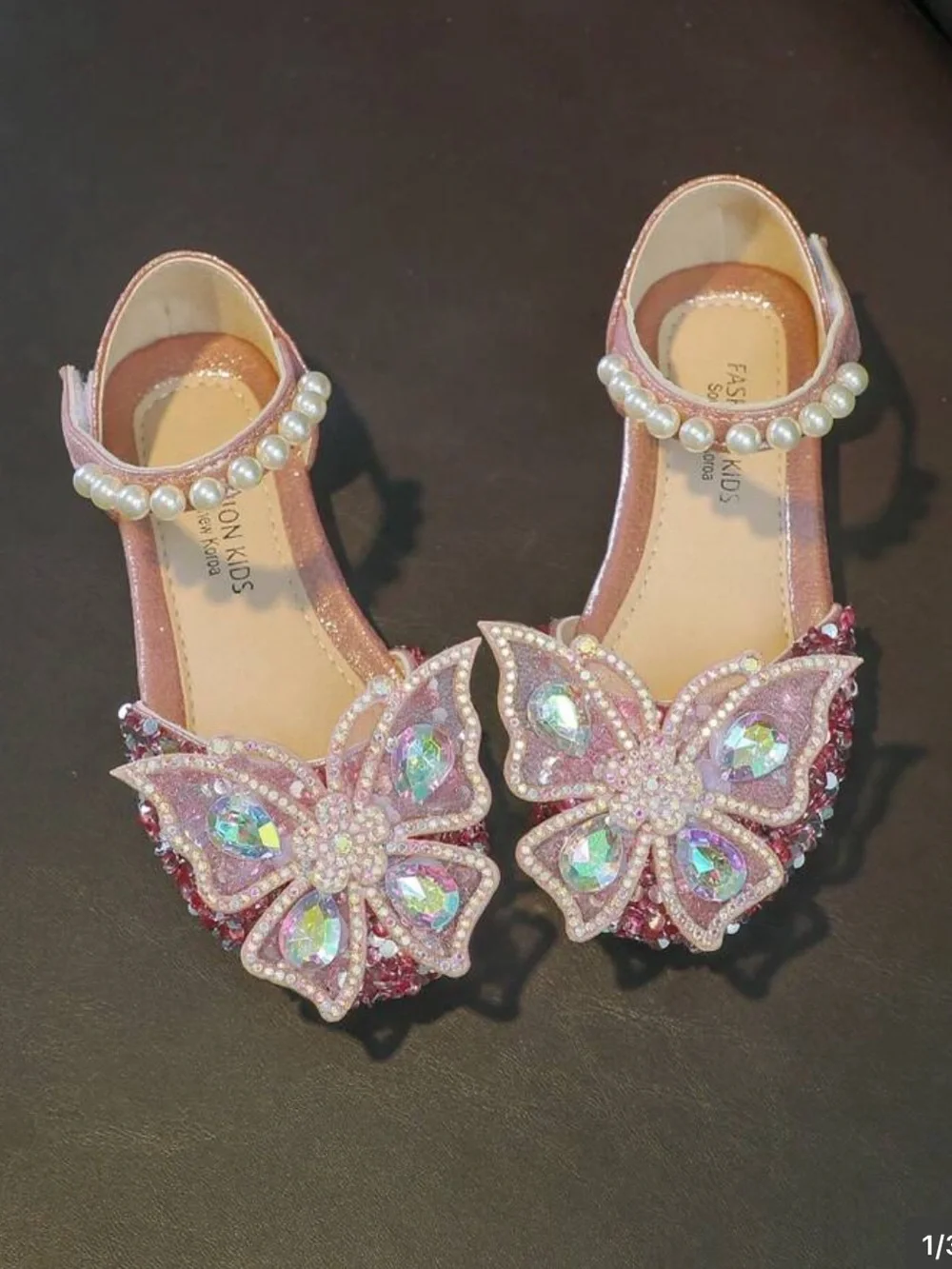 Pink Girls Butterfly Pearl Strap Dress Shoes